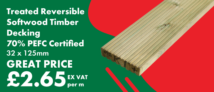 Treated Reversible Softwood Timber Decking - 32 x 125mm